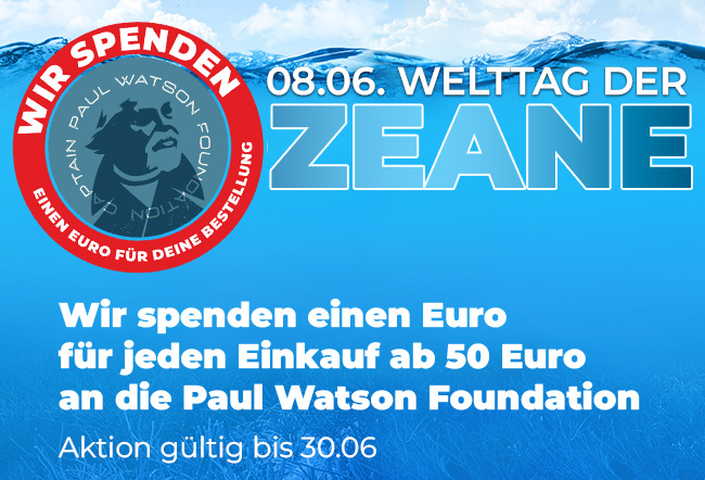Wir spenden einen Euro an die Captain Paul Watson Foundation ab einen Einkauf von 50 Euro bis 30.06.2024